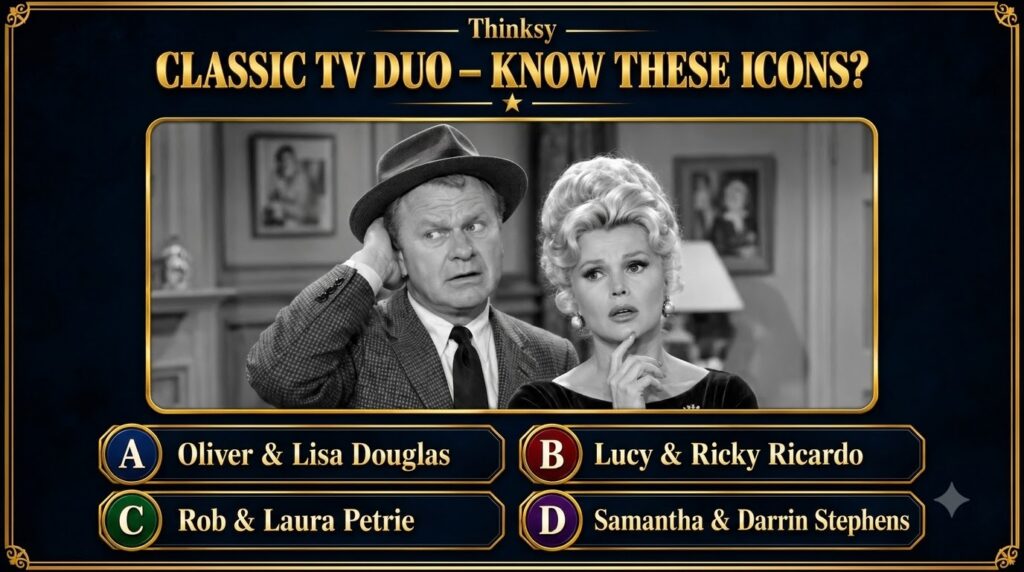 A black-and-white quiz card featuring a classic TV duo a man in a hat and tweed jacket and a woman with elaborate curly 