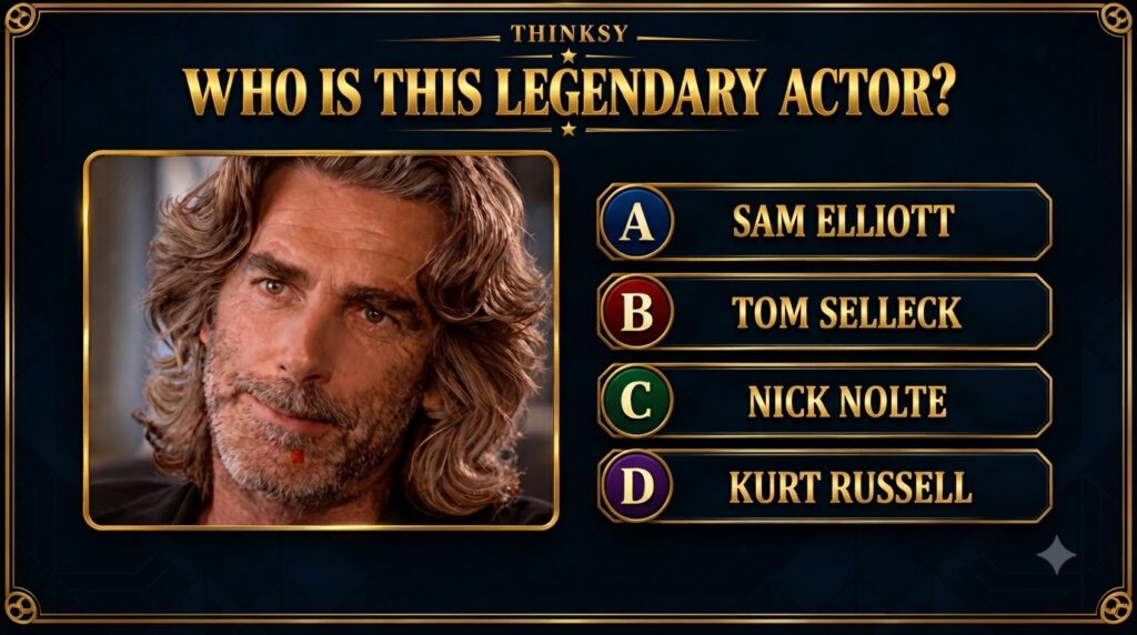 A quiz card showing a close-up portrait of Sam Elliott a middle-aged man with long wavy grey-brown hair and a salt-and-p