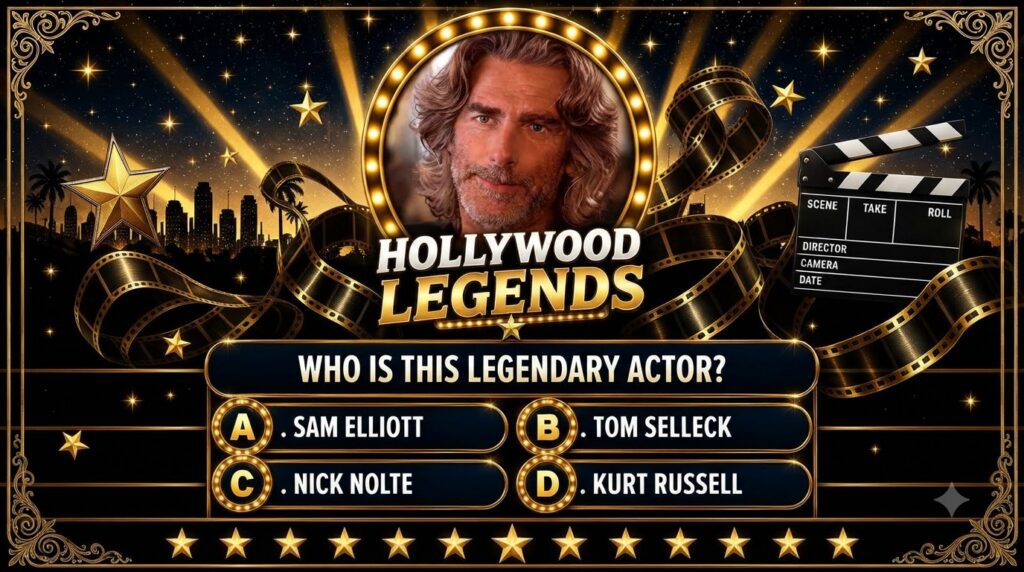 A Hollywood Legends Quiz interface showing a circular portrait of a smiling bearded man against a starry sky with spotli