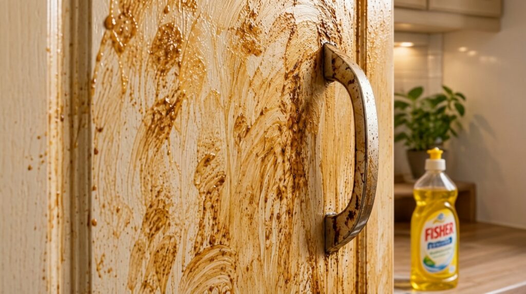 Close-up of a heavily stained white kitchen cabinet door with dark brown grease splatters and drips emphasizing the mess