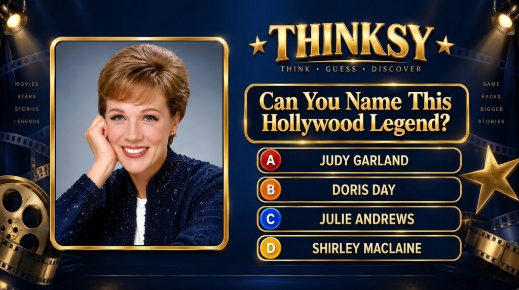 A smiling portrait of Julie Andrews wearing a dark beaded jacket resting her chin on her hand The background is a rich b