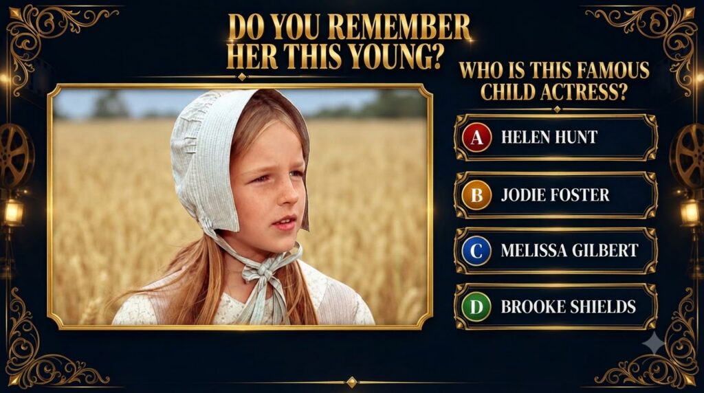 A nostalgic quiz graphic featuring a young girl in a bonnet framed against a golden wheat field with art deco elements a