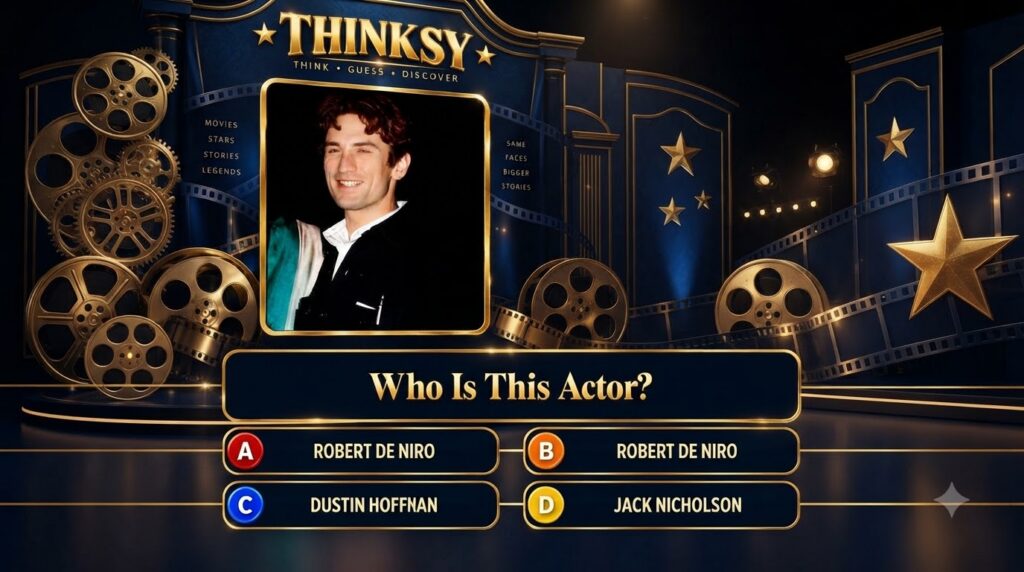A quiz-style graphic with a young smiling Robert De Niro s headshot framed in gold Above is THINKSY in shimmering gold f