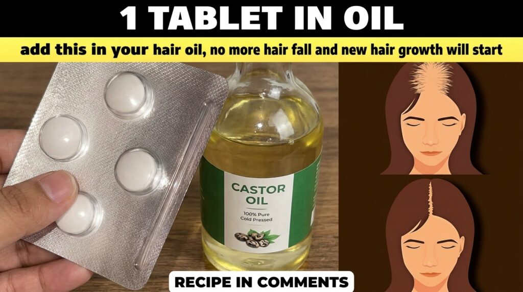 A visual representation of the DIY hair growth remedy with a bottle of castor oil a blister pack of white supplement tab
