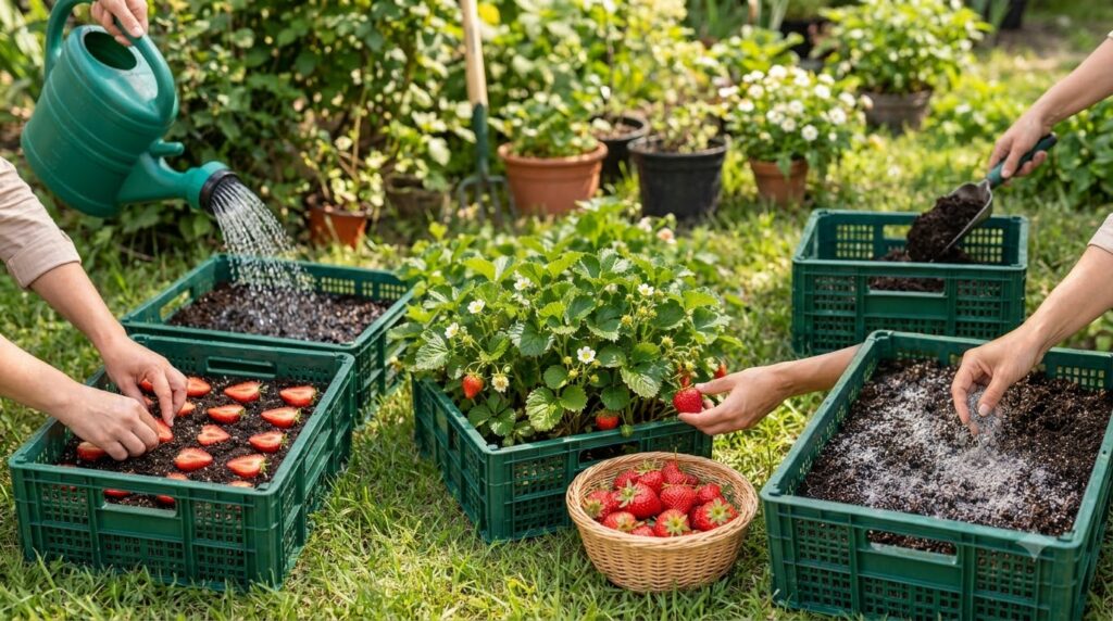 A six-panel collage showing the process of growing strawberries in a green crate from soil preparation and planting incl