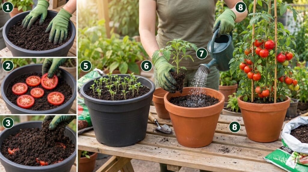 A 2x4 grid composite image showing the step-by-step process of growing tomatoes from preparing soil and planting seeds s
