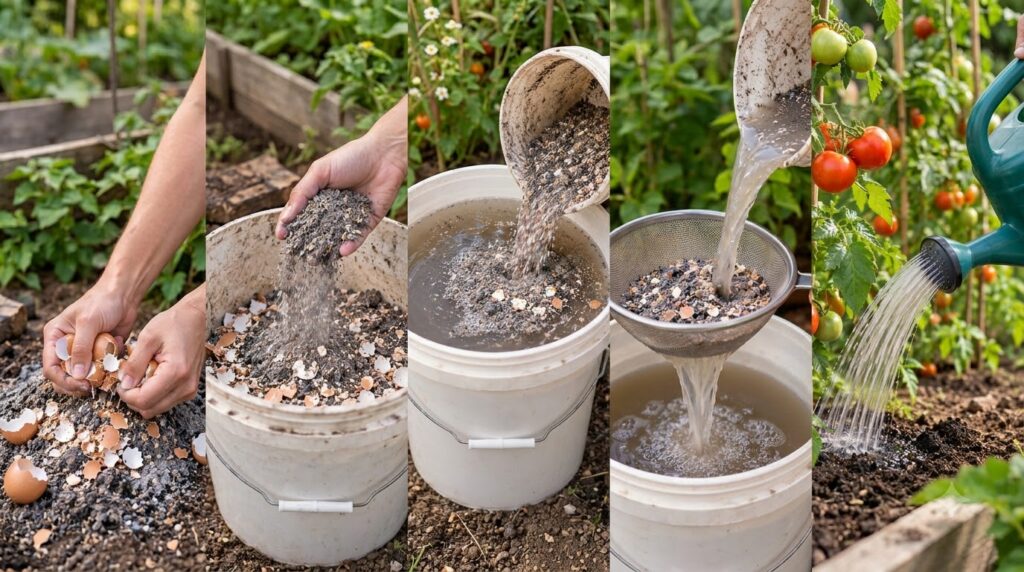 A six-panel collage showing the process of making eggshell fertilizer from crushing shells to applying the liquid to a t