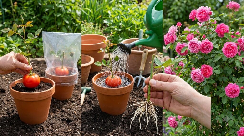 A six-panel collage illustrating the steps of grafting a rose stem onto a tomato plant showing preparation insertion pot