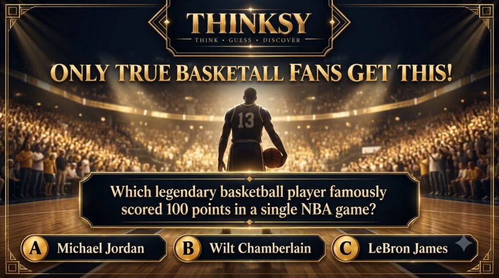 A vintage-style quiz graphic challenging users to name the NBA player who scored 100 points in a single game featuring a