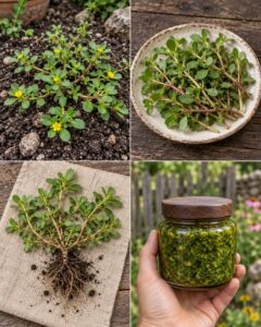 Fresh purslane plant growing abundantly in fertile soil with its characteristic fleshy leaves and reddish stems