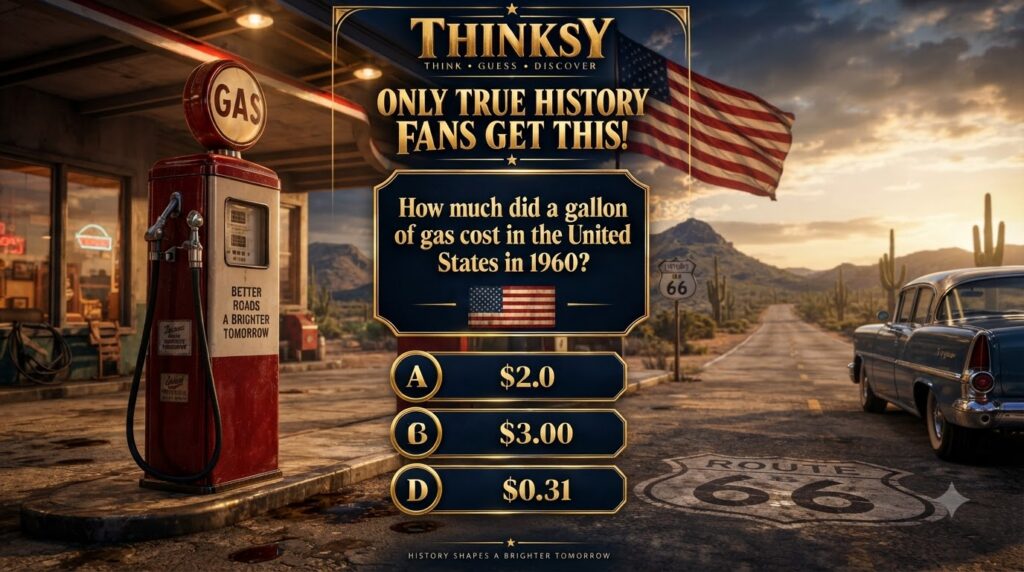 A retro-themed trivia question about 1960 gas prices set against a vintage American roadside scene with an antique gas p