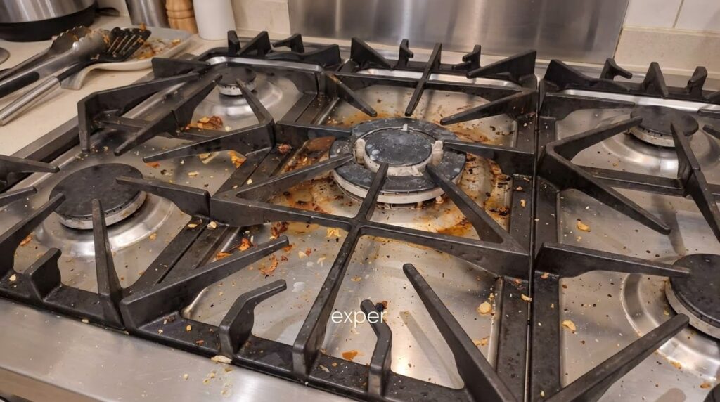 A heavily soiled stainless steel gas stovetop with cast iron grates covered in grease splatters burnt residue and food p