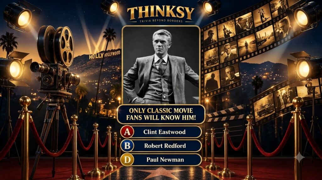 A mobile quiz interface titled THINKSY Trivia Beyond Borders showing a black and white portrait of Steve McQueen in a su