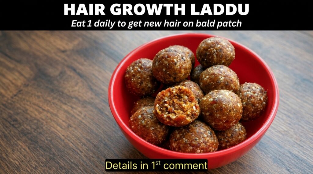 A vibrant red bowl filled with traditional Indian laddus one broken in half to show its textured interior