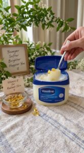 A jar of Vaseline placed next to soft shiny hair strands suggesting a home remedy for hair health