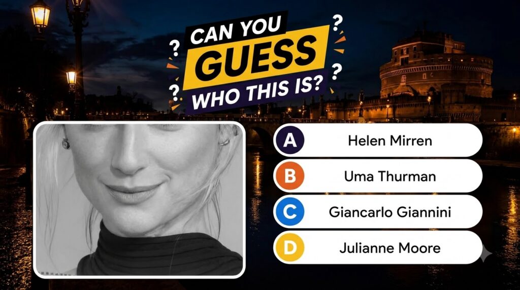A black and white close-up of Julianne Moore s face as seen in a mobile quiz interface over a blurred night cityscape