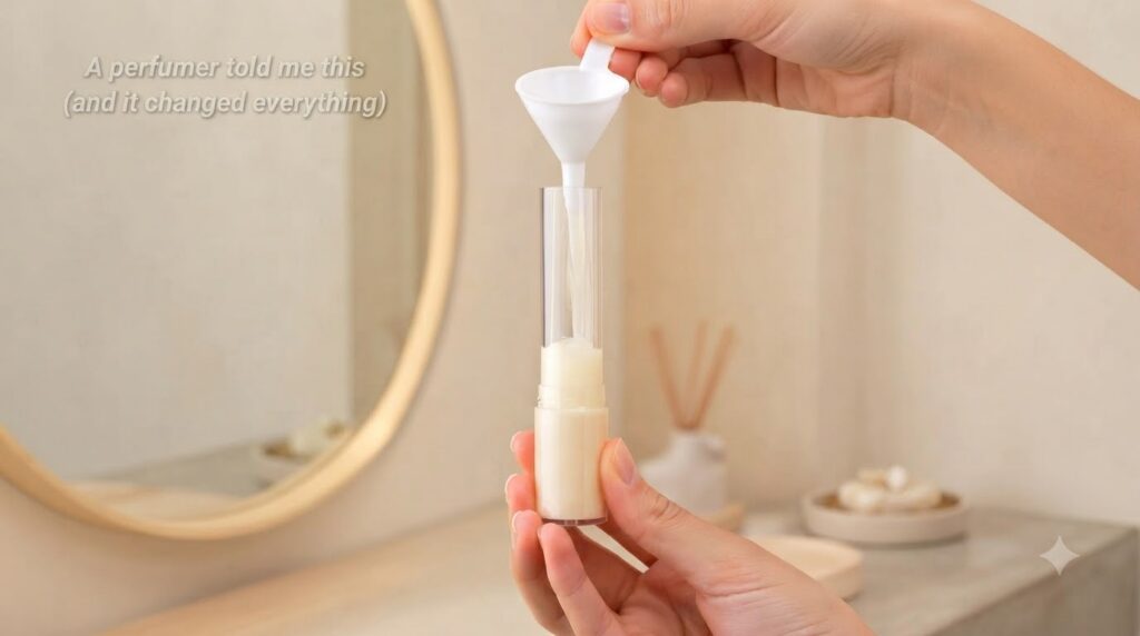 Hands using a small white funnel to refill a clear travel-sized perfume atomizer with a light-colored liquid The backgro
