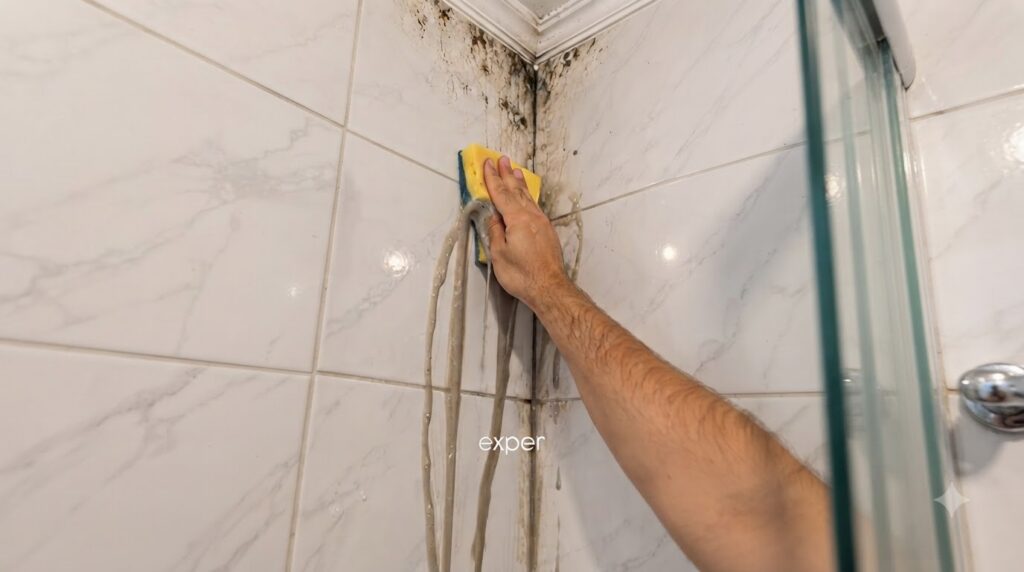 A hand scrubbing dark grime and mold from a tiled bathroom corner with a yellow and blue sponge with dirty foamy liquid 