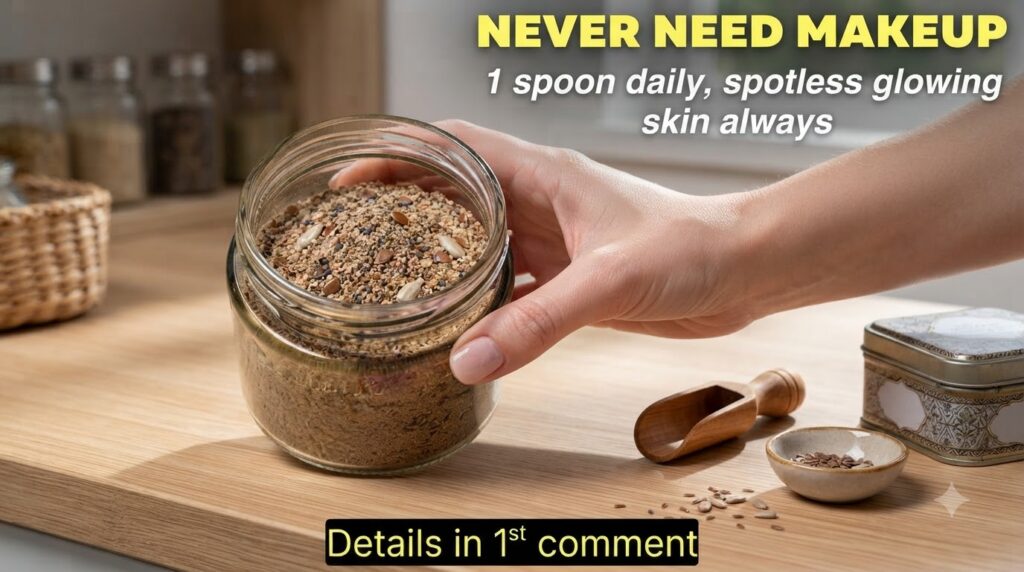 A clear glass jar filled with a finely ground mixture of flax seeds poppy seeds and sunflower seeds held by a hand on a 