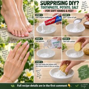 Ingredients laid out for a toothpaste and potato hand and foot scrub a small tube of white toothpaste a raw potato a bow