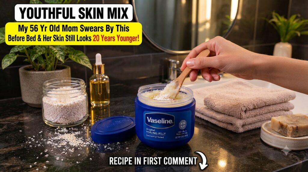 A close-up of hands mixing Vaseline and white rice powder with a wooden spoon in a small blue tub A dropper bottle of vi