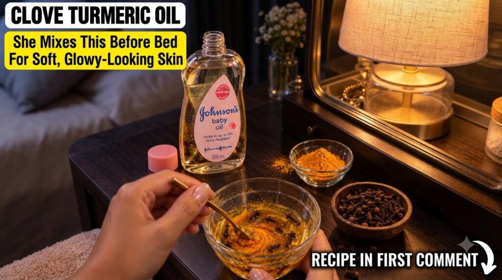 Hands gently mixing baby oil turmeric powder and whole cloves in a clear glass bowl with a golden spoon Surrounding item