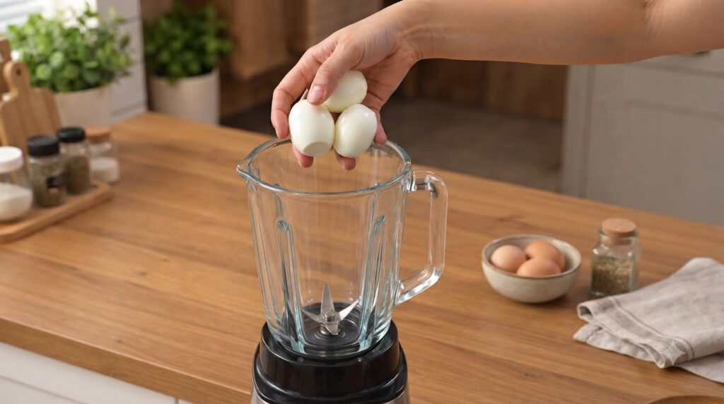 A human hand holding three peeled hard-boiled eggs directly above an empty glass blender jar preparing to blend