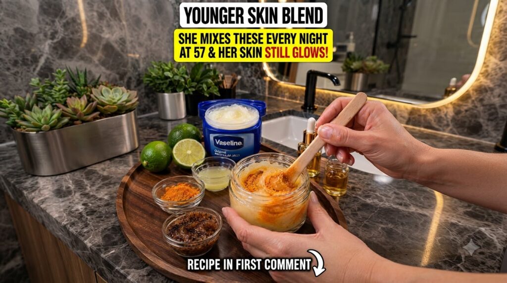 Hands mixing a homemade skincare blend in a glass jar surrounded by Vaseline lime and turmeric powder on a wooden tray i