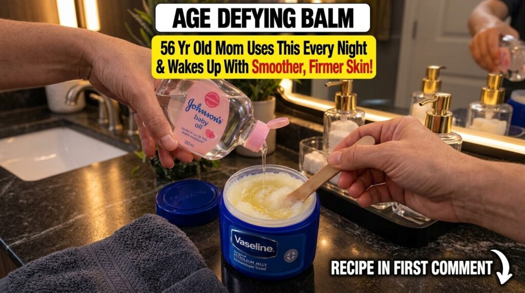 Close-up top-down view of hands mixing Vaseline and Johnson s baby oil in a small container on a dark countertop with a