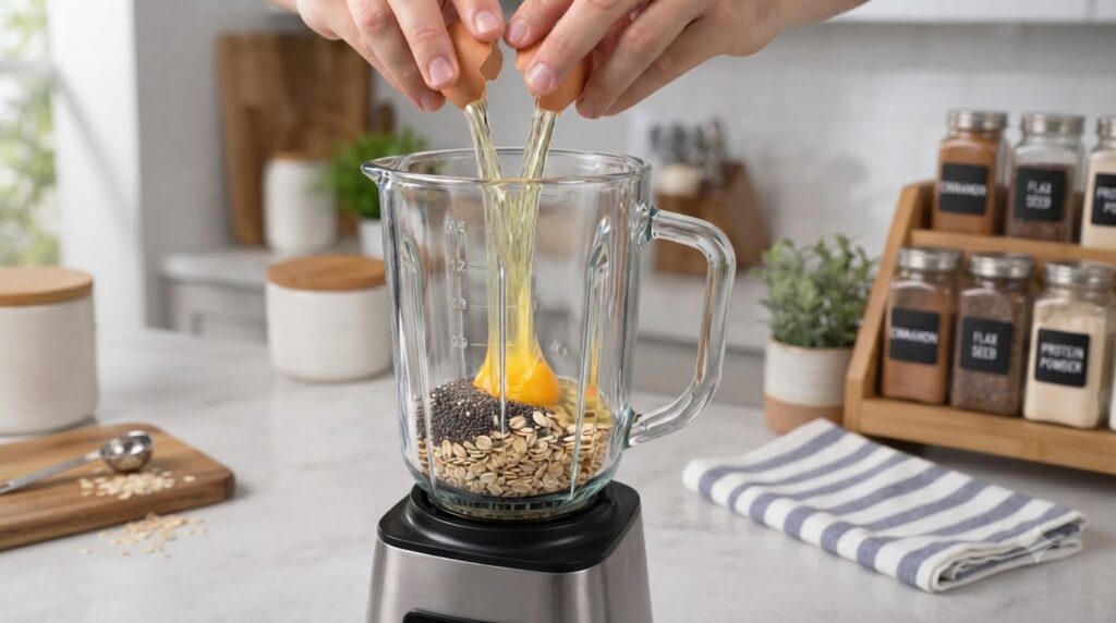 Two hands cracking eggs into a glass blender jar that contains oats and chia seeds with egg whites and yolks partially v