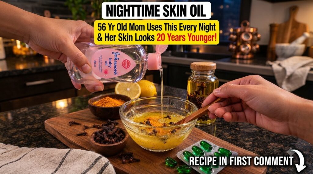 Hands preparing the homemade skincare oil pouring baby oil into a glass bowl with turmeric powder and whole cloves Other