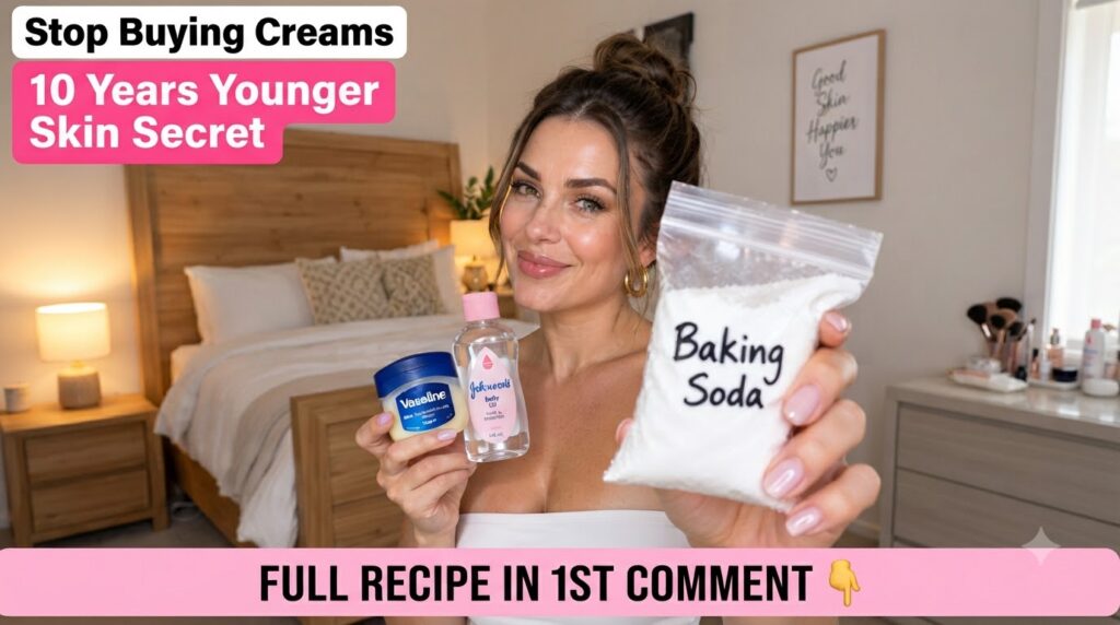 A smiling woman holding Vaseline baby oil and baking soda suggesting a skin secret for youthful skin in a bedroom settin