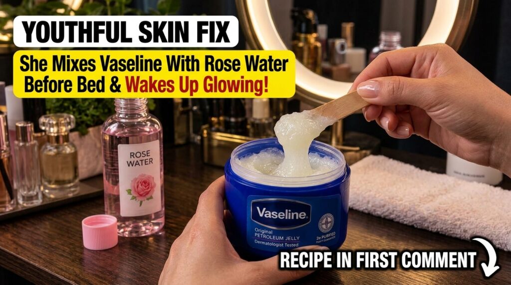 A hand holding an open jar of Vaseline with a wooden stick scooping out a generous amount A bottle of rose water is blur