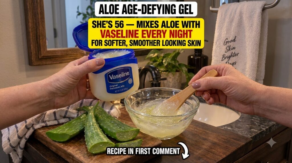 Hands mixing aloe vera gel and Vaseline in a glass bowl with fresh aloe leaves on a wooden board