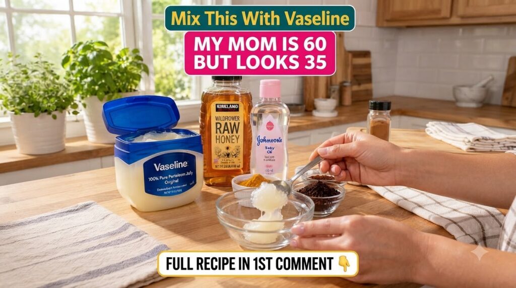 A flat lay showing hands scooping Vaseline into a glass bowl surrounded by bottles of honey and baby oil and small bowls
