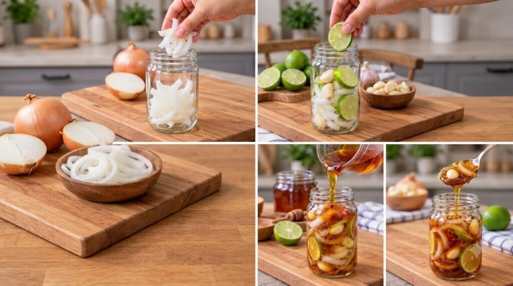 Four-panel collage showing hands preparing the remedy slicing ingredients layering them in a jar pouring honey and lifti