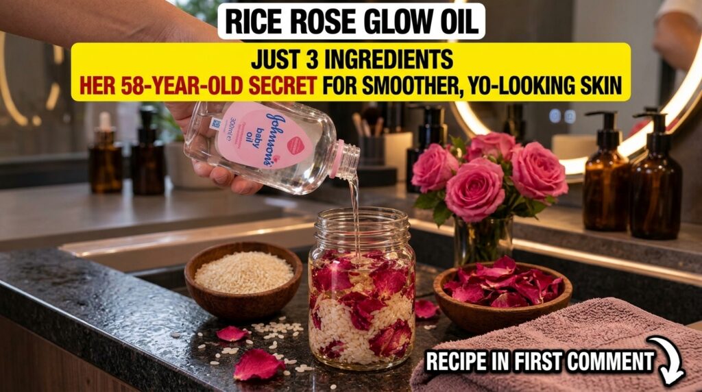 A hand pouring clear oil from a Johnson s baby oil bottle into a glass jar containing white rice grains and dried red ro