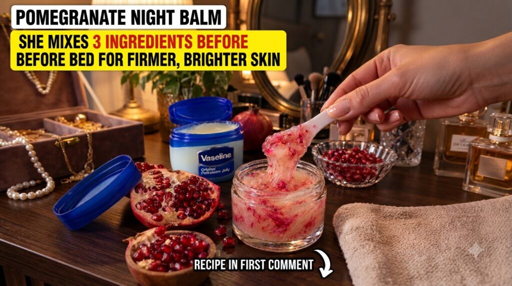 A close-up of a hand using a white spatula to lift a viscous red-speckled pomegranate balm from a glass jar A Vaseline j