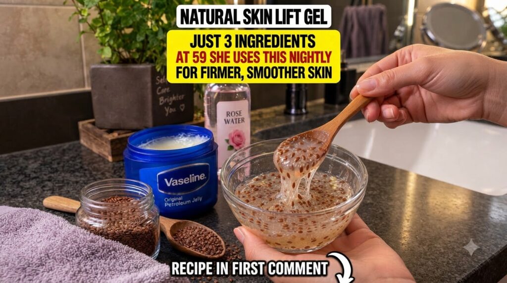 A hand holding a glass bowl with translucent flax seed gel surrounded by a jar of Vaseline a bottle of rose water and lo