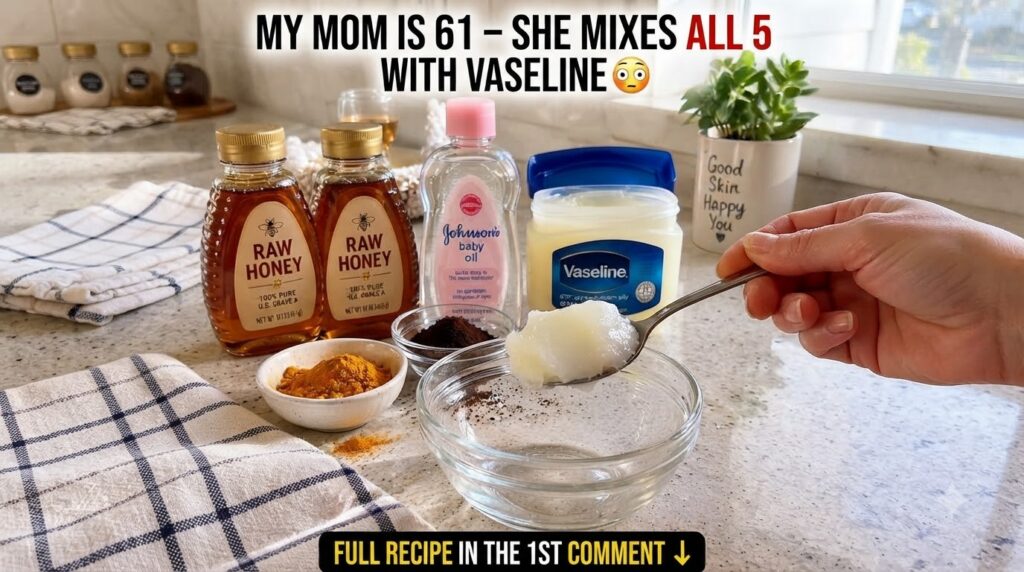 Overhead shot of Vaseline honey baby oil ground coffee and turmeric powder arranged for a DIY face mix