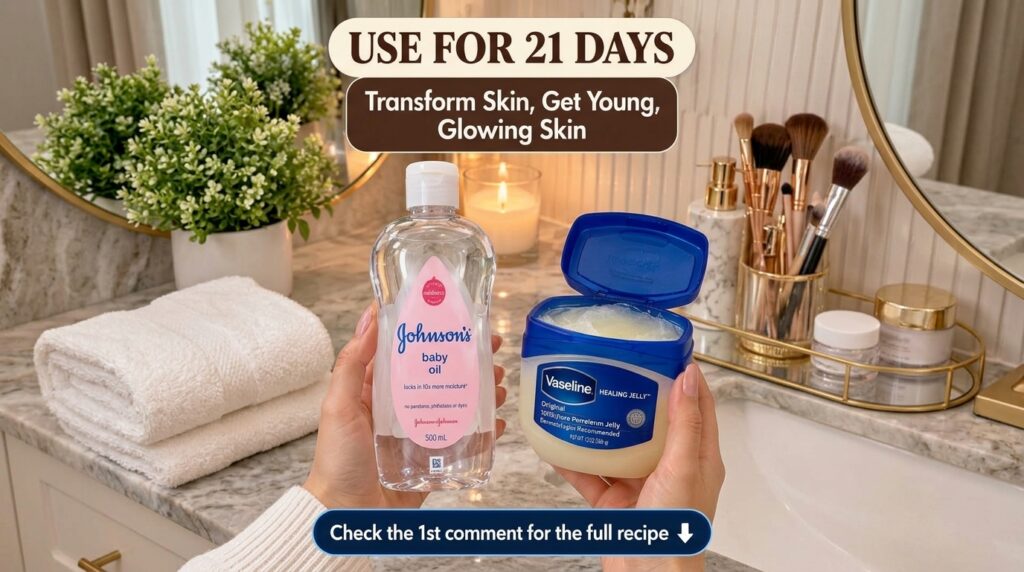 Hands holding a bottle of Johnson s baby oil and an open jar of Vaseline Healing Jelly in a warm bathroom setting