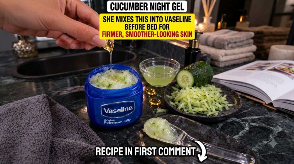 A hand is squeezing the contents of a golden Vitamin E capsule into a blue Vaseline jar that contains a mixture of petro