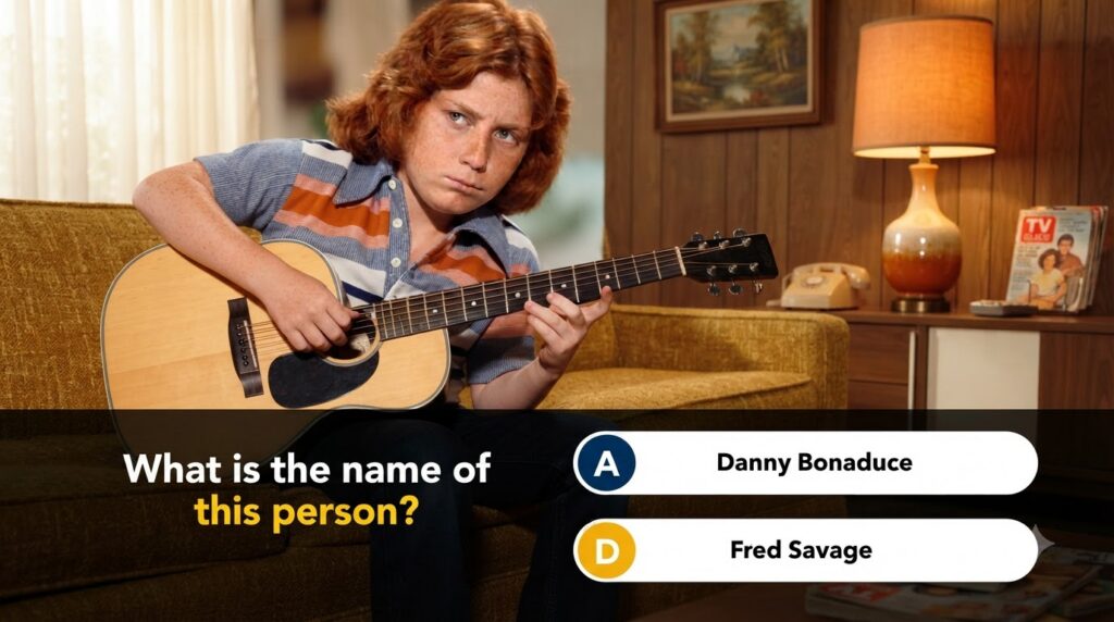 A retro-themed quiz image showing a young Ron Howard with reddish-brown hair and an acoustic guitar with multiple-choice