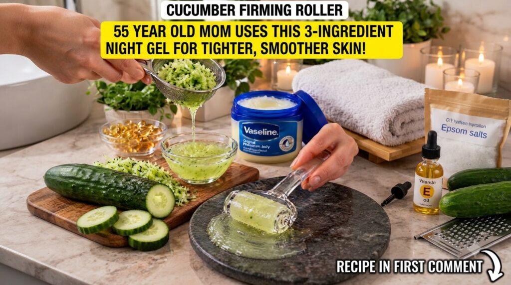 A hand holding a strainer dripping finely grated cucumber pulp into a glass bowl creating a vibrant green liquid Nearby 