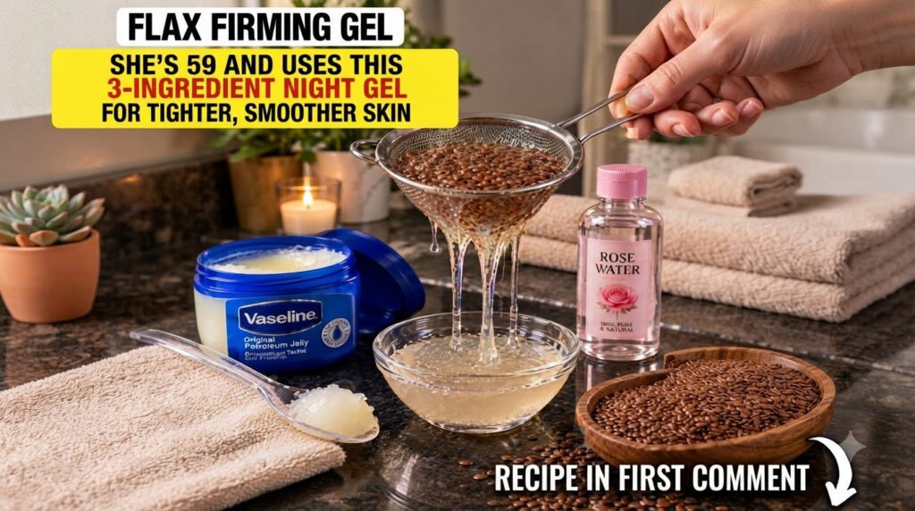 Viscous flaxseed gel dripping from a metal strainer into a clear glass bowl surrounded by flaxseeds in a wooden bowl a b