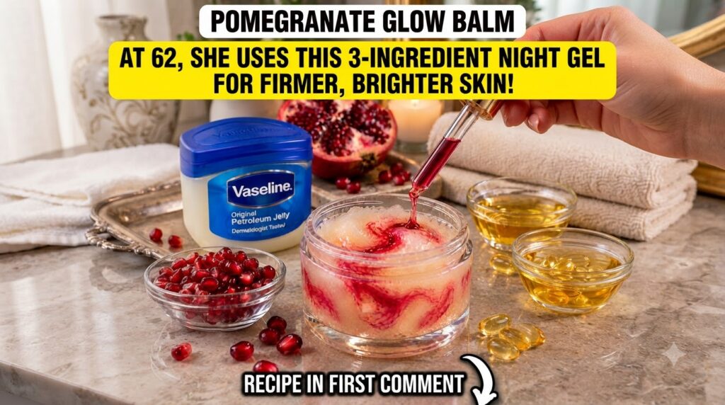 Ingredients and preparation of the Pomegranate Glow Balm with pomegranate juice being added to Vaseline surrounded by a 