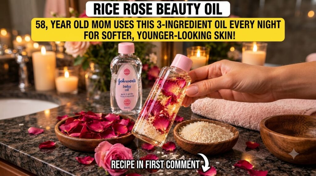 A hand holding a clear bottle filled with oil rose petals and rice grains surrounded by a bottle of baby oil wooden bowl