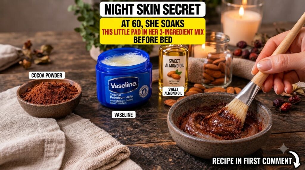A hand mixing Vaseline sweet almond oil and cocoa powder in a small bowl with a brush Ingredients are visible around the