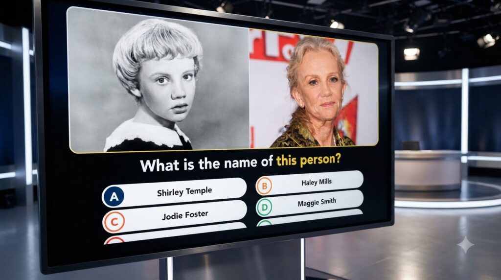 Quiz image showing a black and white photo of a young Audrey Hepburn on the left and a color photo of an older Audrey He