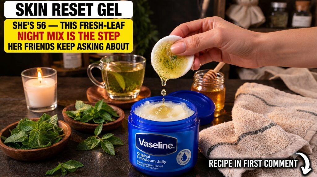 A hand holding a cotton pad with liquid dripping into a blue jar of Vaseline petroleum jelly with fresh mint leaves hone